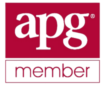 A red and green logo for the apg member.