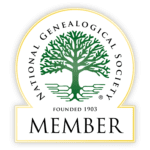 A genealogical society member badge with a tree in the center.