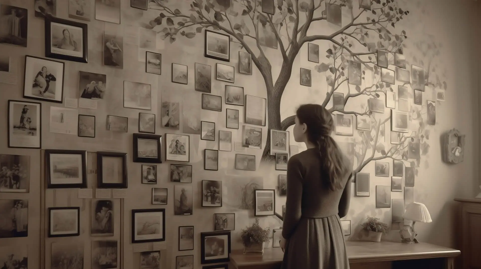 A woman standing in front of a wall with pictures on it.